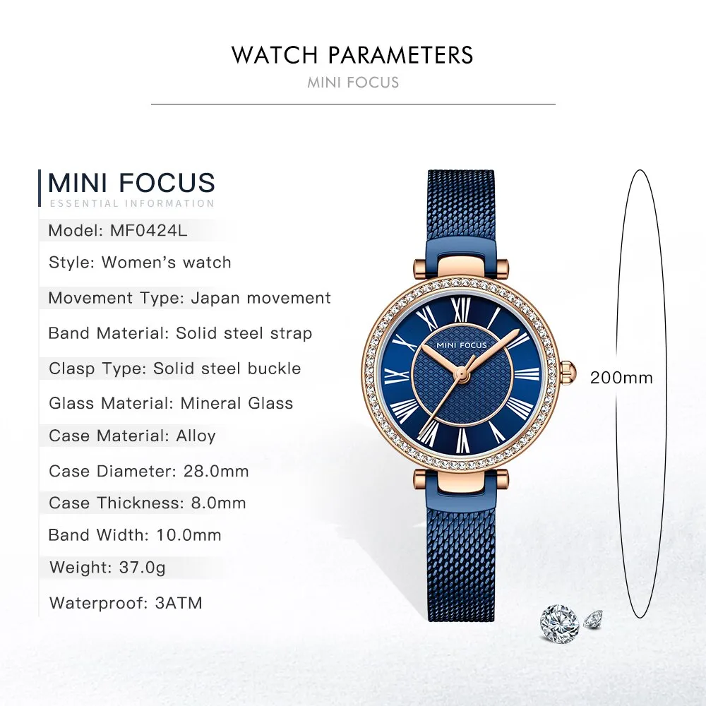 MINI FOCUS New Fashion Women Watches Ladies Rhinestone Waterproof Quartz Watches Stainless Steel Female Clock Relogio Feminino