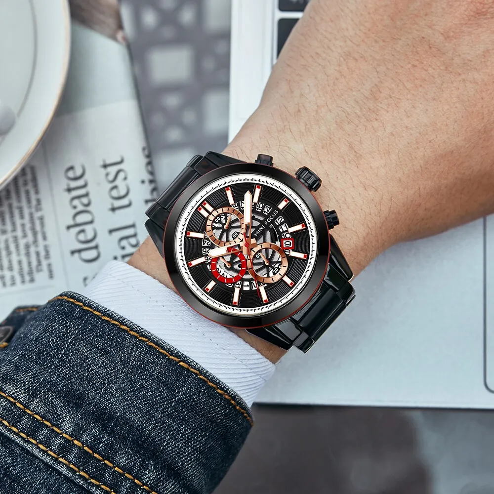 MINI FOCUS New Top Brand Luxury Fashion Men Watches Stainless Steel Sports Chronograph Quartz Watch Waterproof Relogio Masculino