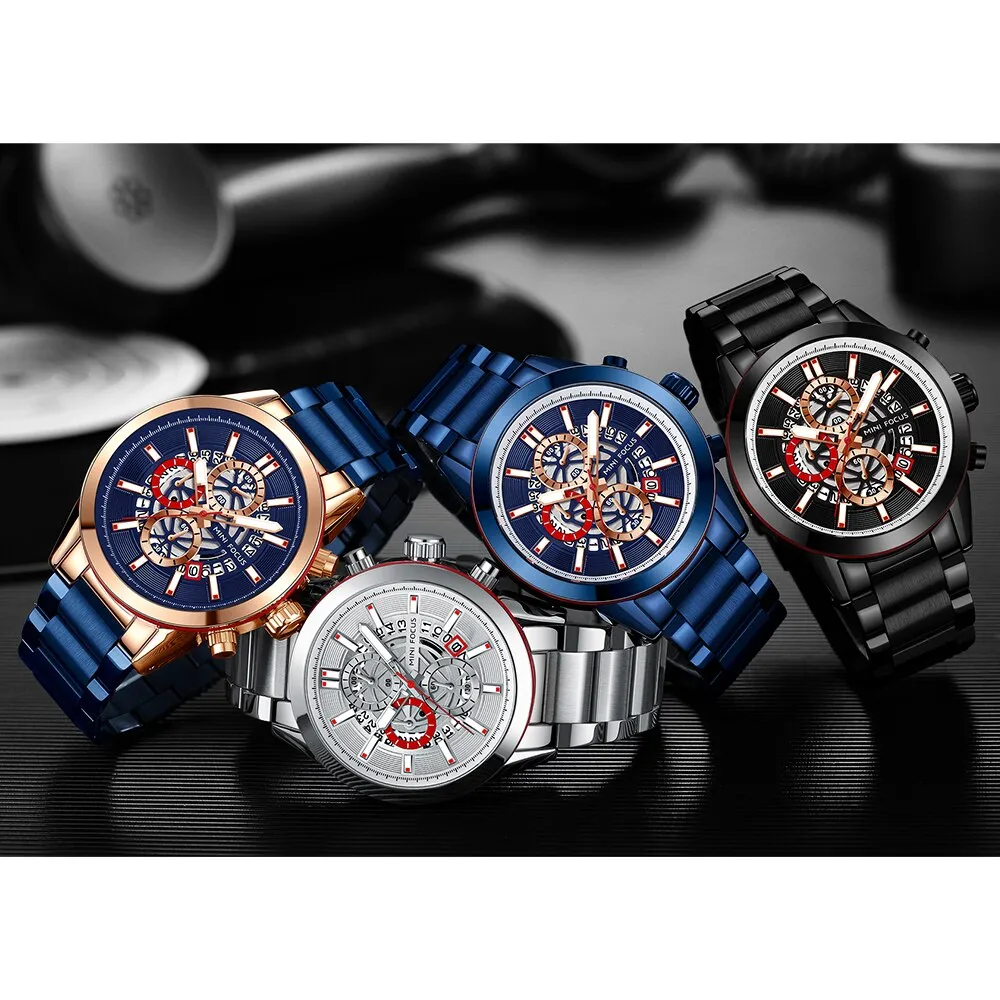 MINI FOCUS New Top Brand Luxury Fashion Men Watches Stainless Steel Sports Chronograph Quartz Watch Waterproof Relogio Masculino