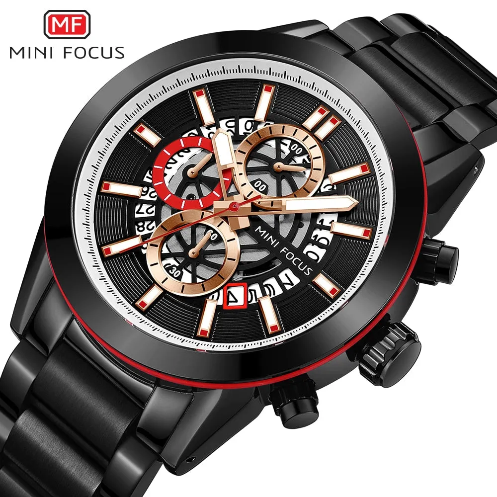 MINI FOCUS New Top Brand Luxury Fashion Men Watches Stainless Steel Sports Chronograph Quartz Watch Waterproof Relogio Masculino
