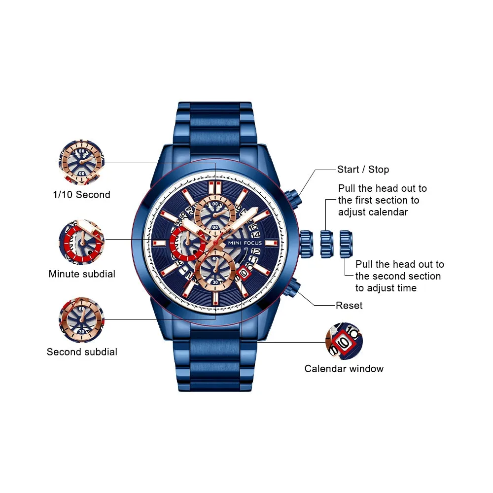 MINI FOCUS New Top Brand Luxury Fashion Men Watches Stainless Steel Sports Chronograph Quartz Watch Waterproof Relogio Masculino