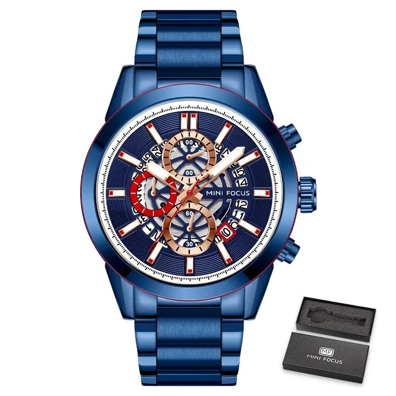 MINI FOCUS New Top Brand Luxury Fashion Men Watches Stainless Steel Sports Chronograph Quartz Watch Waterproof Relogio Masculino