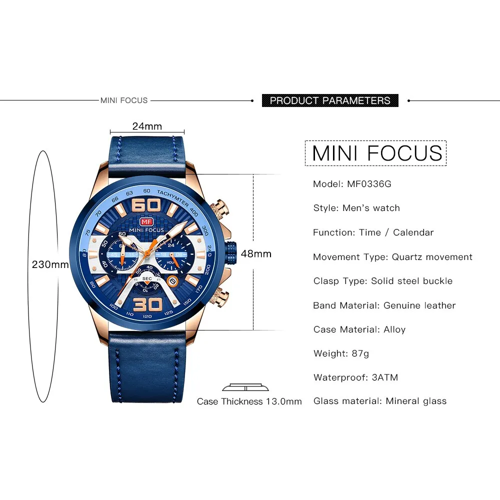 MINI FOCUS  Watches Men Top Brand Luxury Sports Casual Watch Military Leather Quartz Wristwatch Wateproof Male Clock Chronograph