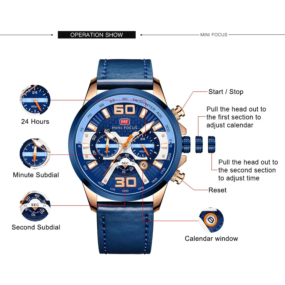 MINI FOCUS  Watches Men Top Brand Luxury Sports Casual Watch Military Leather Quartz Wristwatch Wateproof Male Clock Chronograph