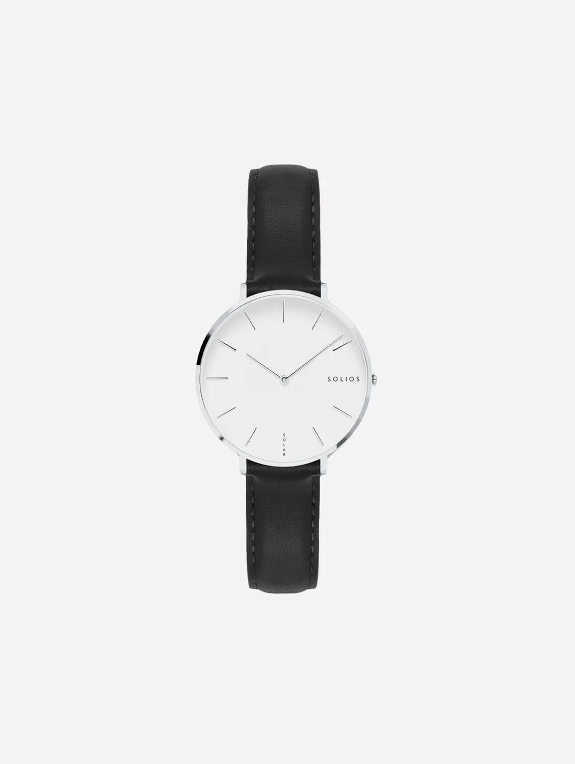Mini Solar Watch with White & Silver Dial  | Black Vegan Leather Strap