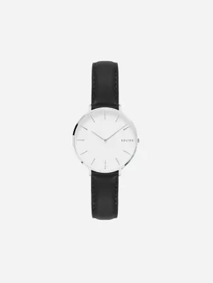 Mini Solar Watch with White & Silver Dial  | Black Vegan Leather Strap
