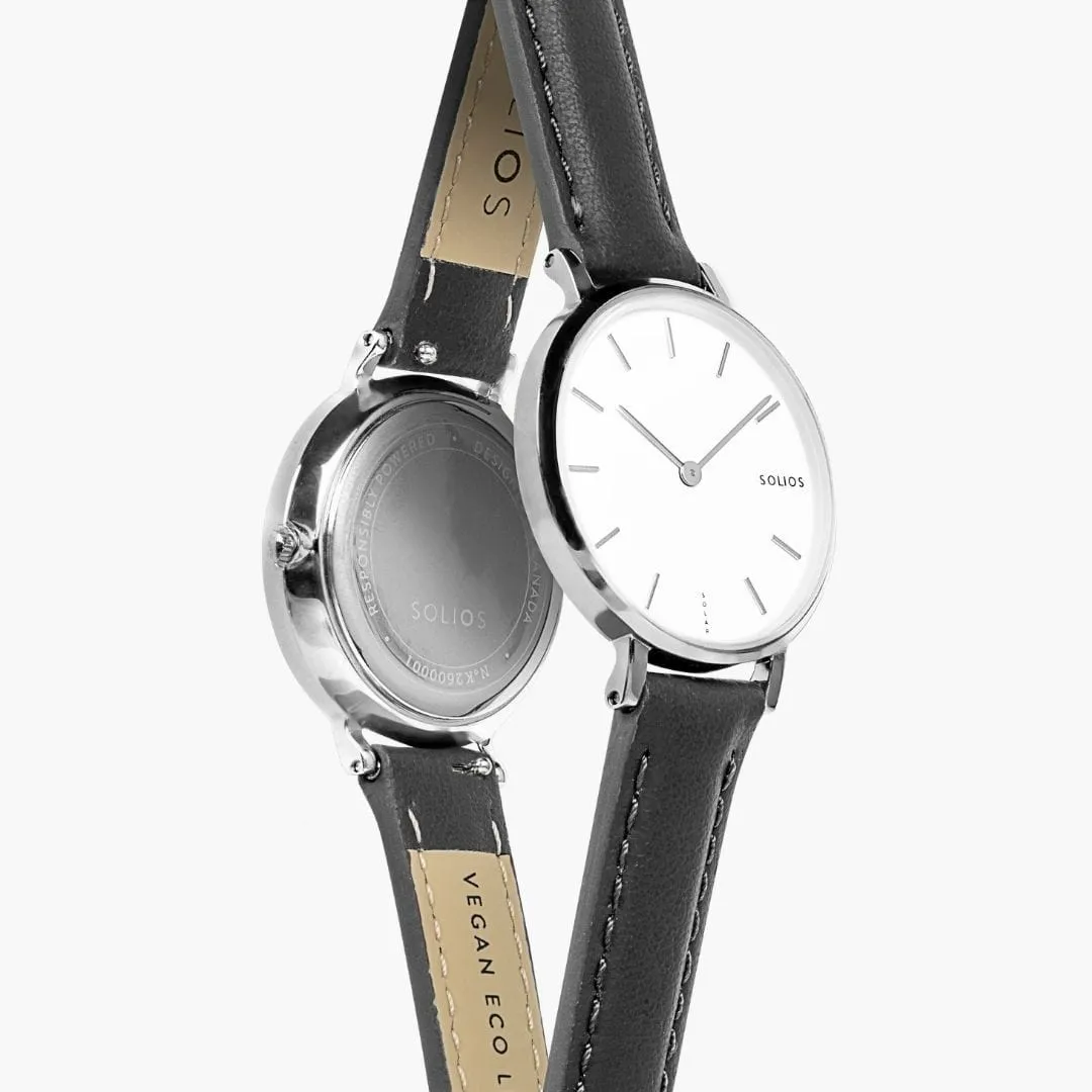 Mini Solar Watch with White & Silver Dial  | Black Vegan Leather Strap