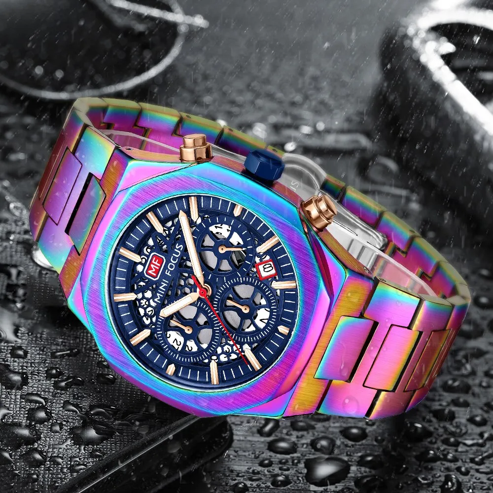 MINIFOCUS Watch Top Luxury Brand Hollow Dial Design Chronograph Quartz Wristwatch Hyun-chae Stainless Steel Luminous Hand