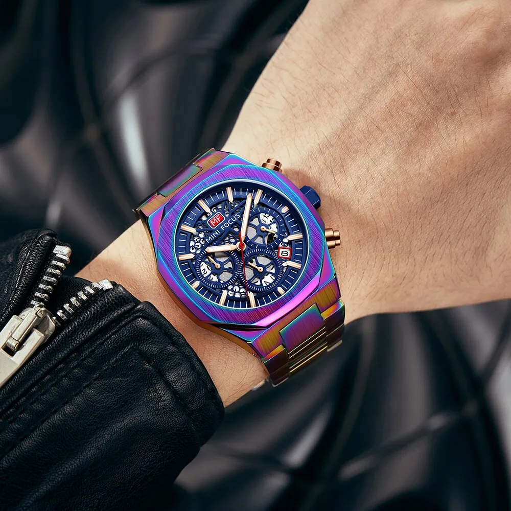 MINIFOCUS Watch Top Luxury Brand Hollow Dial Design Chronograph Quartz Wristwatch Hyun-chae Stainless Steel Luminous Hand