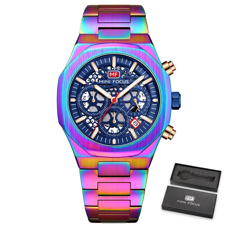 MINIFOCUS Watch Top Luxury Brand Hollow Dial Design Chronograph Quartz Wristwatch Hyun-chae Stainless Steel Luminous Hand