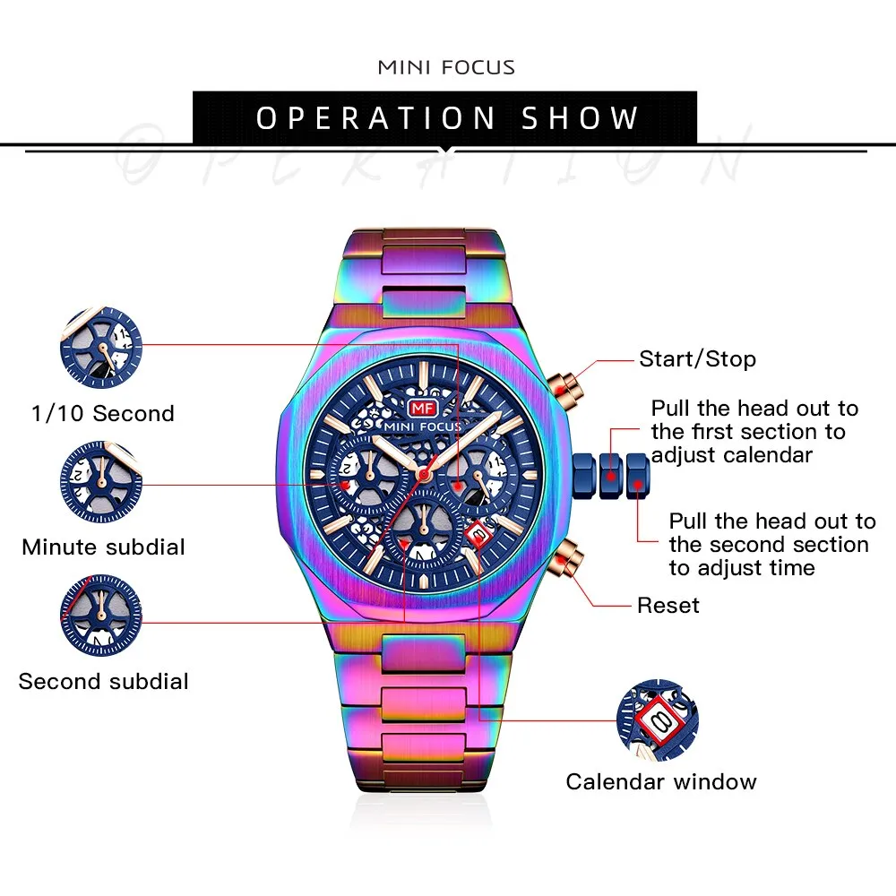 MINIFOCUS Watch Top Luxury Brand Hollow Dial Design Chronograph Quartz Wristwatch Hyun-chae Stainless Steel Luminous Hand