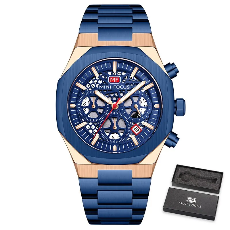 MINIFOCUS Watch Top Luxury Brand Hollow Dial Design Chronograph Quartz Wristwatch Hyun-chae Stainless Steel Luminous Hand
