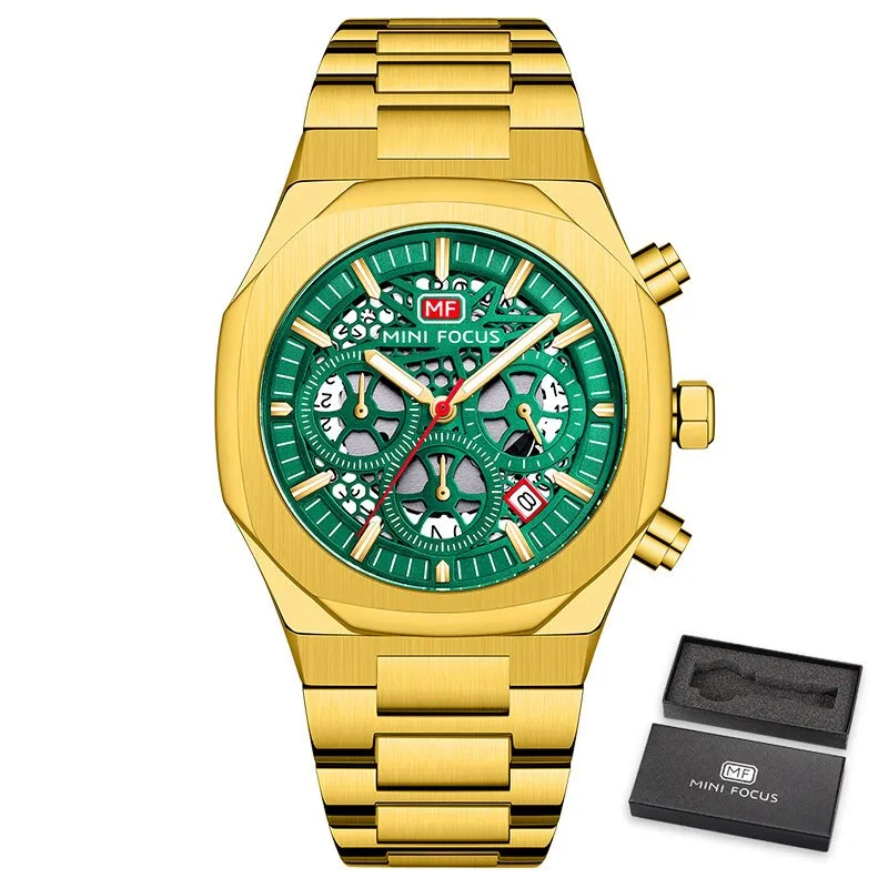 MINIFOCUS Watch Top Luxury Brand Hollow Dial Design Chronograph Quartz Wristwatch Hyun-chae Stainless Steel Luminous Hand