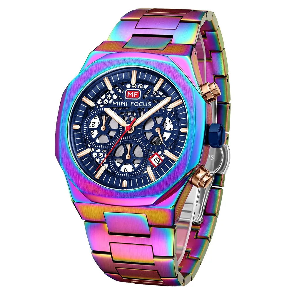 MINIFOCUS Watch Top Luxury Brand Hollow Dial Design Chronograph Quartz Wristwatch Hyun-chae Stainless Steel Luminous Hand