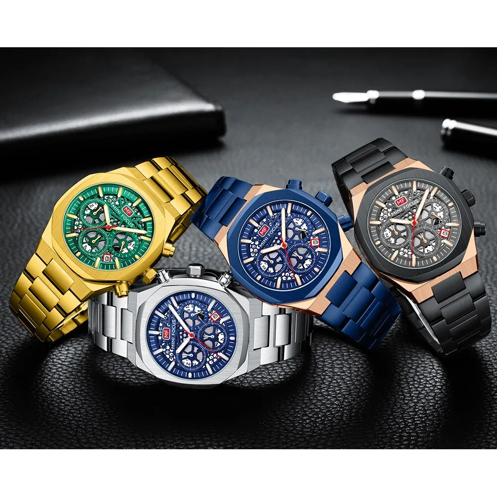 MINIFOCUS Watch Top Luxury Brand Hollow Dial Design Chronograph Quartz Wristwatch Hyun-chae Stainless Steel Luminous Hand
