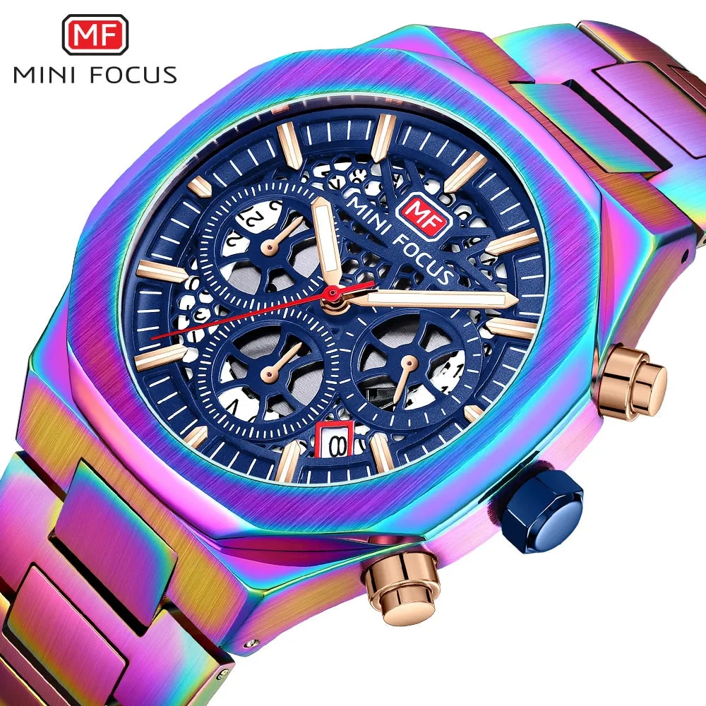 MINIFOCUS Watch Top Luxury Brand Hollow Dial Design Chronograph Quartz Wristwatch Hyun-chae Stainless Steel Luminous Hand
