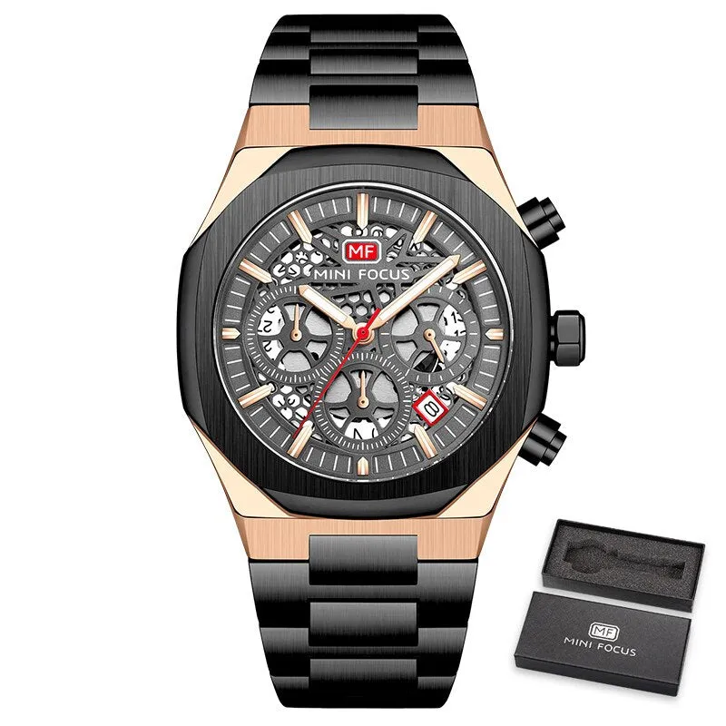 MINIFOCUS Watch Top Luxury Brand Hollow Dial Design Chronograph Quartz Wristwatch Hyun-chae Stainless Steel Luminous Hand