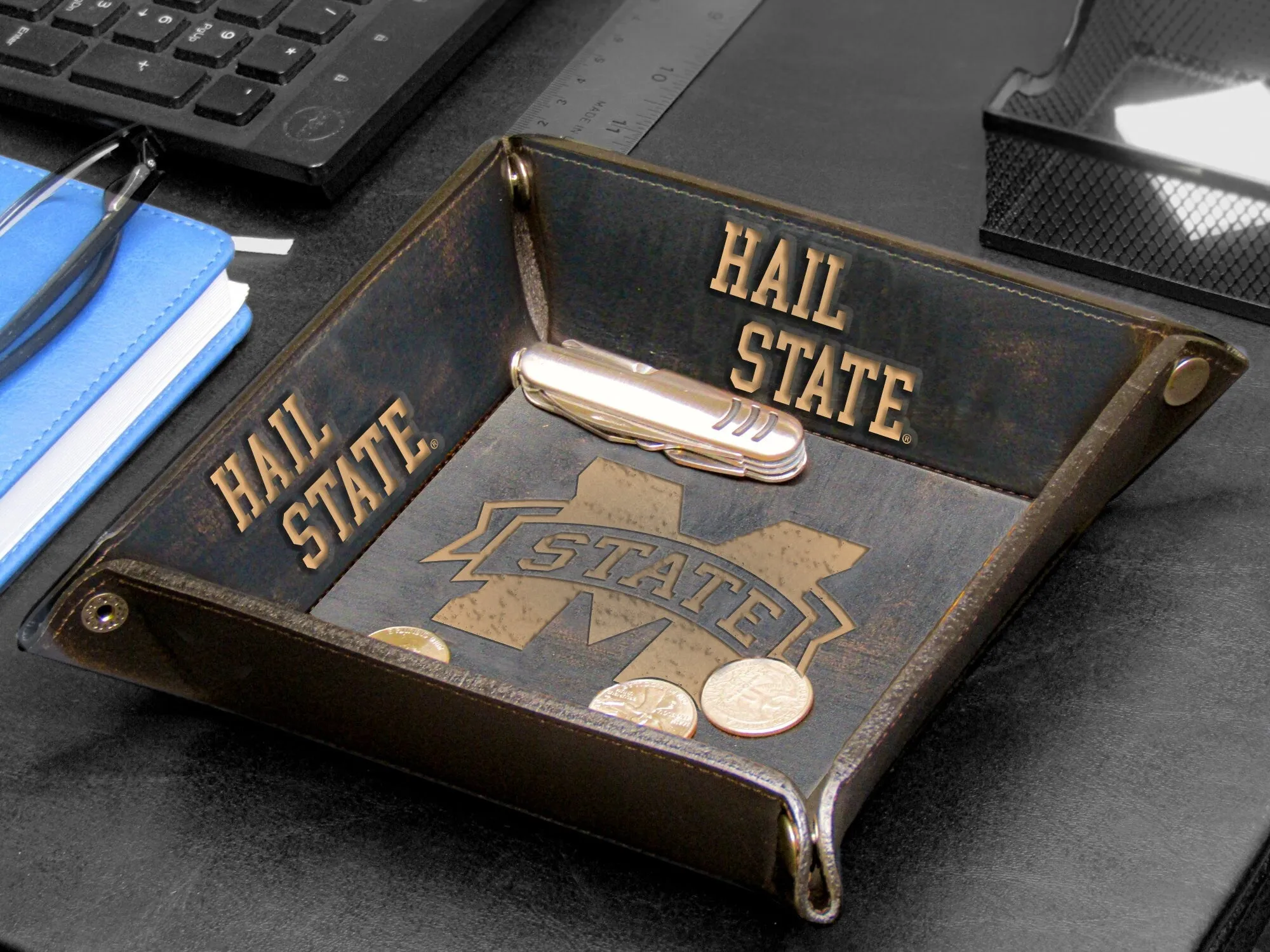 Mississippi State Bulldogs Men's Collegiate Valet Tray, Catch-all, Desk Organizer, Nightstand Tray. Burnished Full Grain Leather Finish.