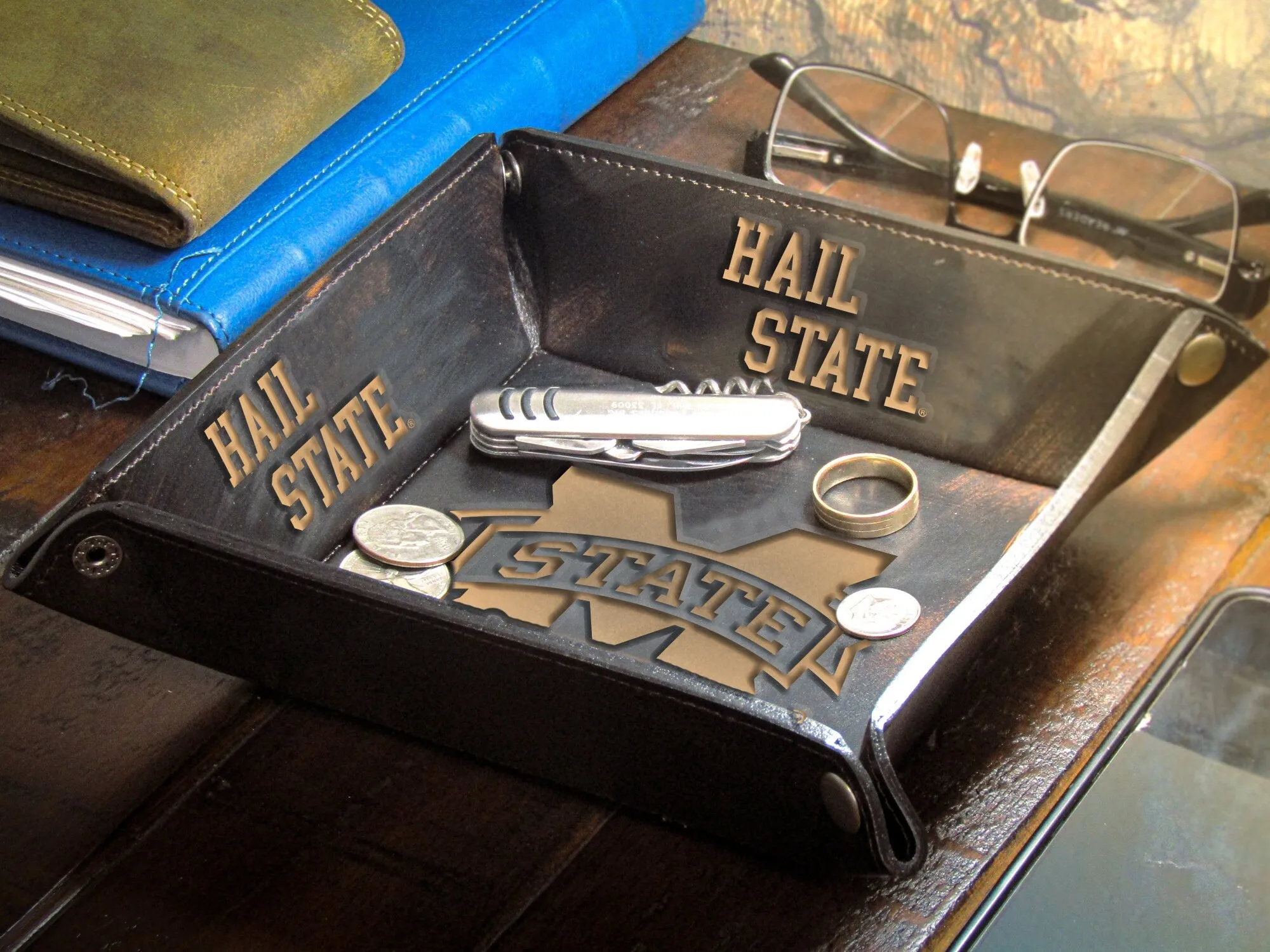 Mississippi State Bulldogs Men's Collegiate Valet Tray, Catch-all, Desk Organizer, Nightstand Tray. Burnished Full Grain Leather Finish.