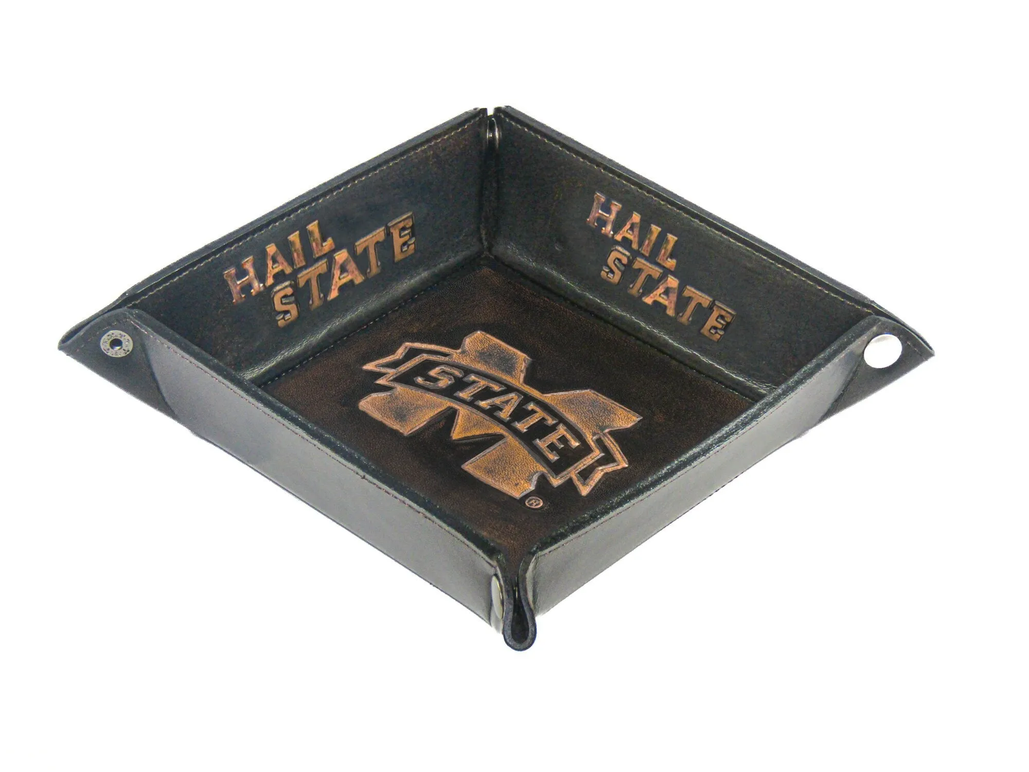 Mississippi State Bulldogs Men's Collegiate Valet Tray, Catch-all, Desk Organizer, Nightstand Tray. Burnished Full Grain Leather Finish.