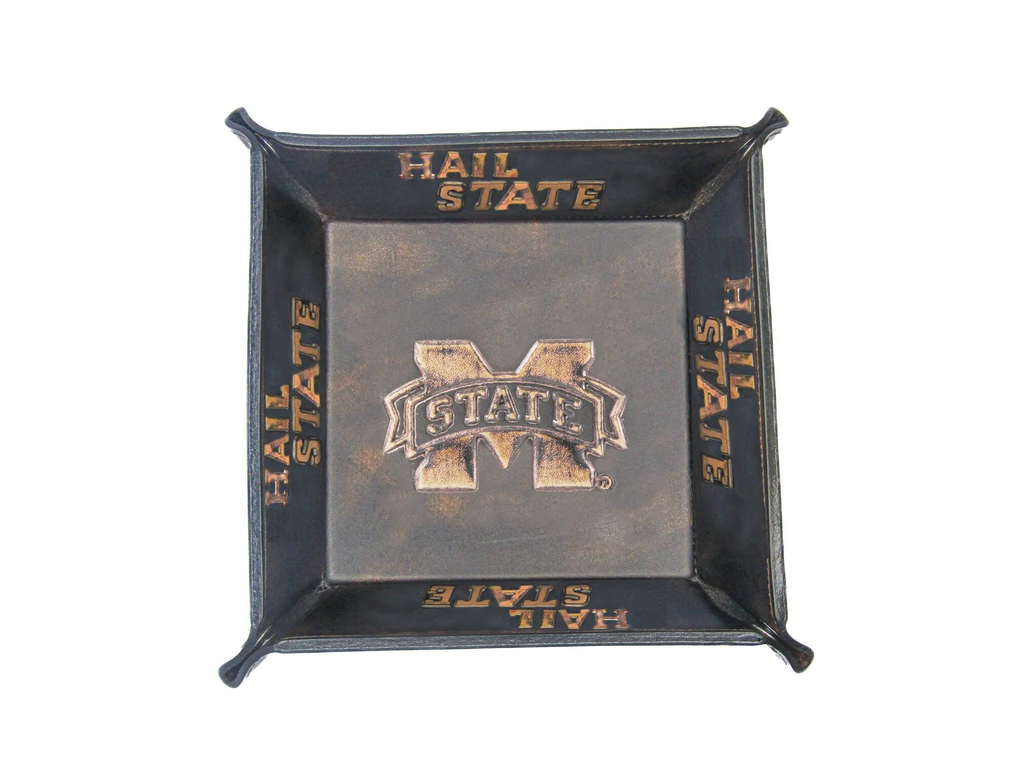 Mississippi State Bulldogs Men's Collegiate Valet Tray, Catch-all, Desk Organizer, Nightstand Tray. Burnished Full Grain Leather Finish.