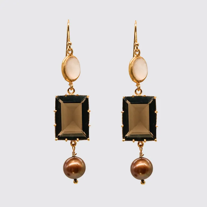 Moonstone, Smokey Quartz, Fresh water pearl earrling