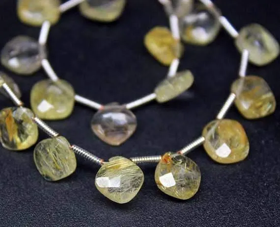 Natural Golden Rutile Quartz Faceted Square Cushion Beads Strand 8" 11mm 14mm