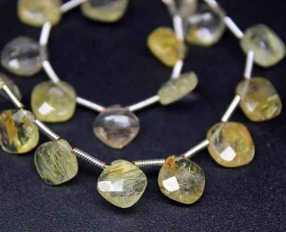 Natural Golden Rutile Quartz Faceted Square Cushion Beads Strand 8" 11mm 14mm