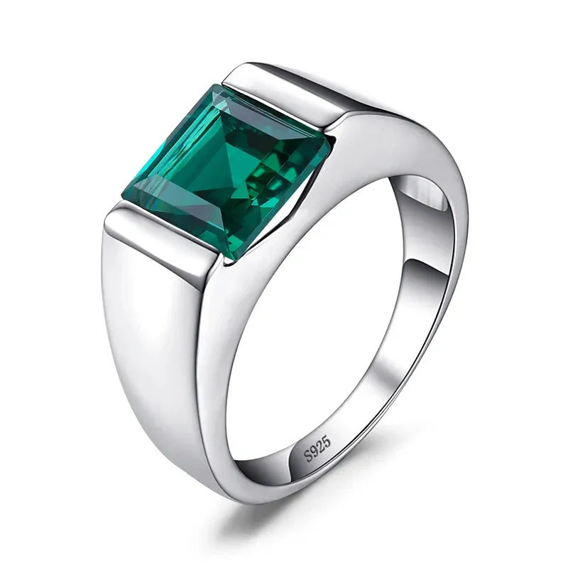 Natural Smoky Quartz Created Ruby Sapphire Simulated Emerald 925 Sterling Silver Ring for Men Gemstone Jewelry