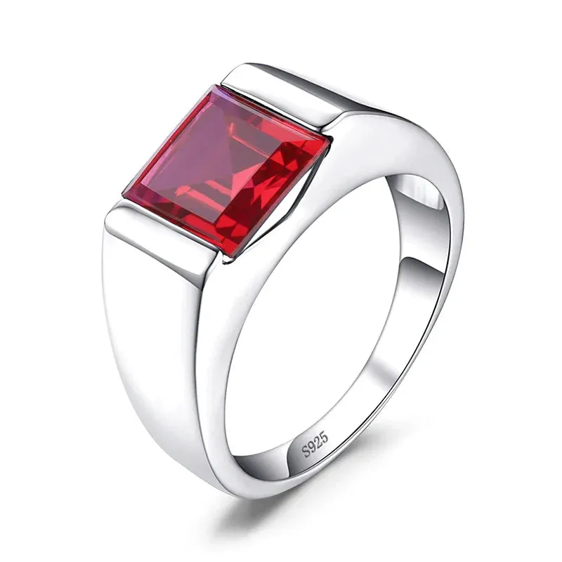 Natural Smoky Quartz Created Ruby Sapphire Simulated Emerald 925 Sterling Silver Ring for Men Gemstone Jewelry
