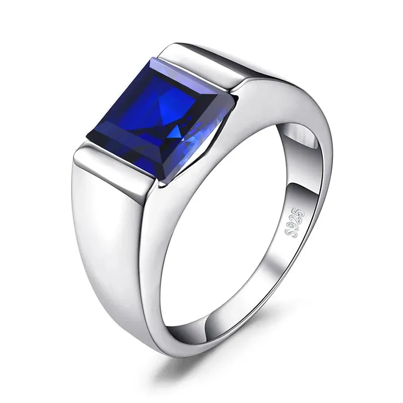 Natural Smoky Quartz Created Ruby Sapphire Simulated Emerald 925 Sterling Silver Ring for Men Gemstone Jewelry