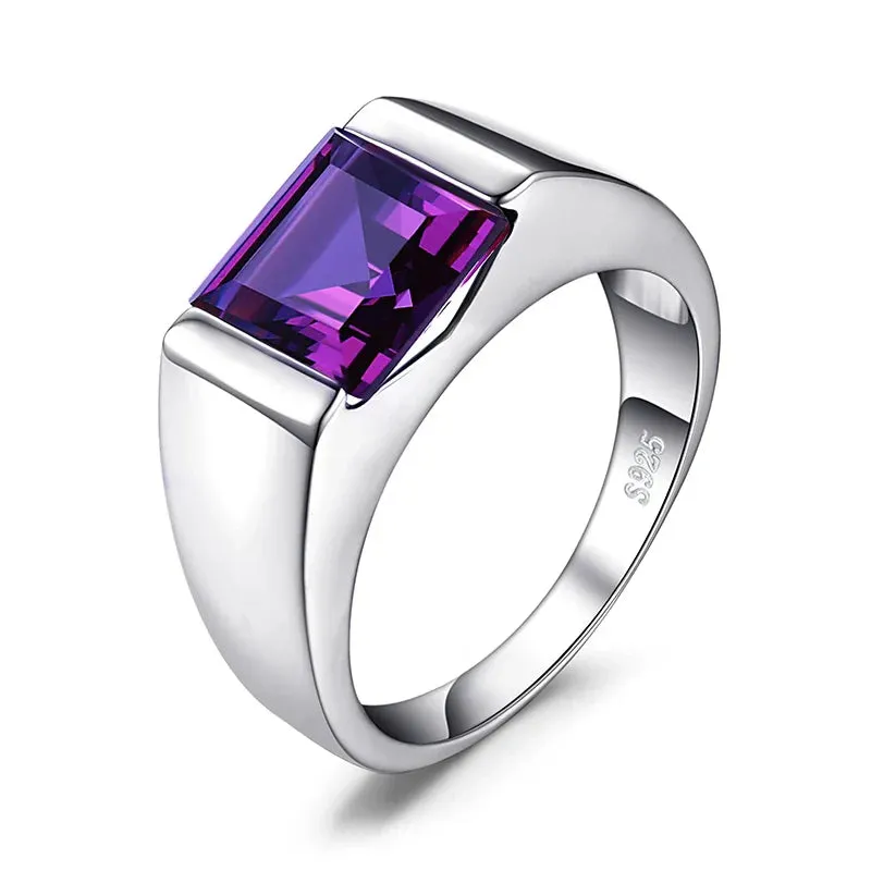 Natural Smoky Quartz Created Ruby Sapphire Simulated Emerald 925 Sterling Silver Ring for Men Gemstone Jewelry