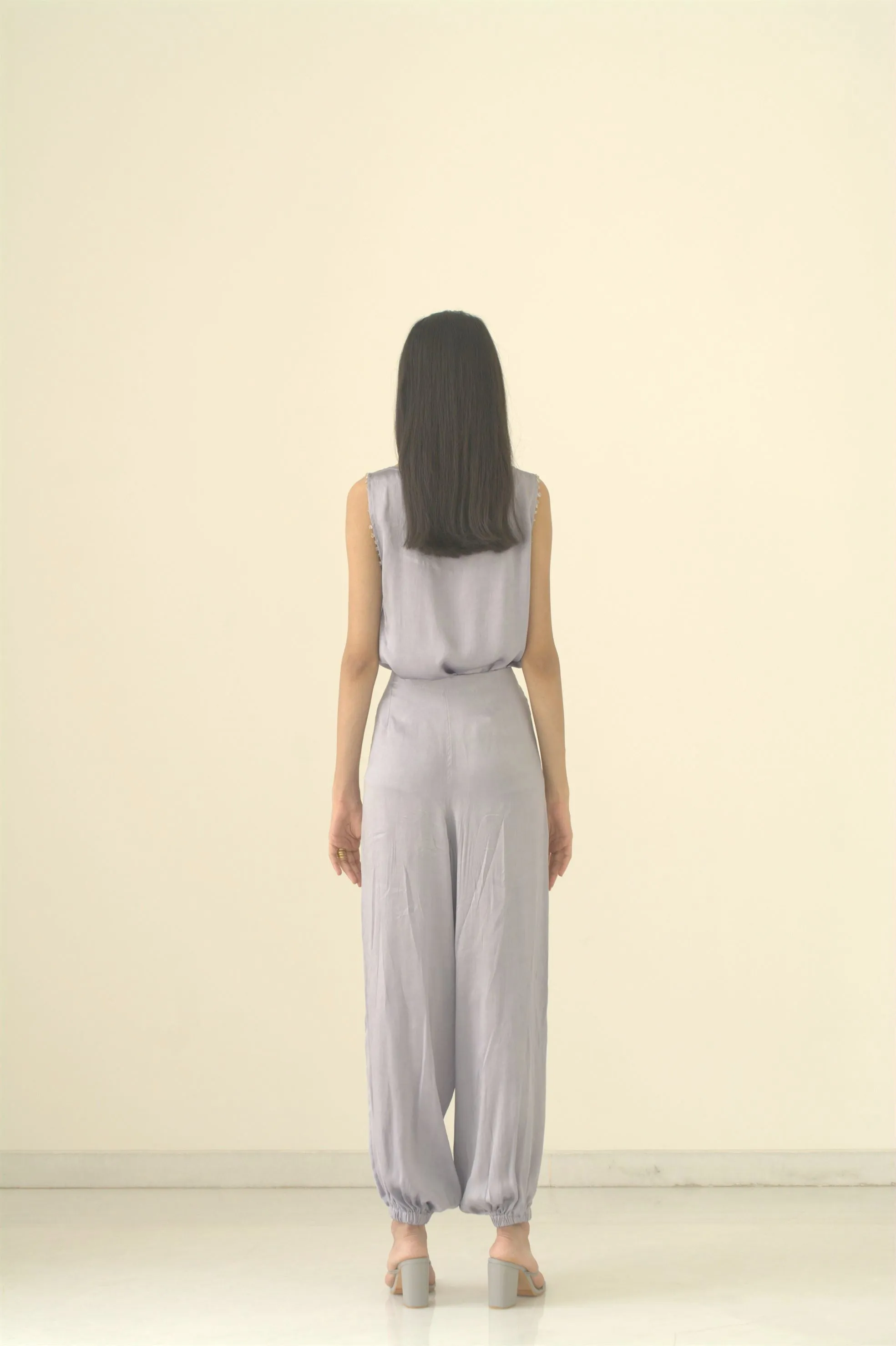New Season Summer to Fall 2024-Top Lounge Silk Pigeon Blue-B/S/015-Suzanne-Fashion Edit Hemji