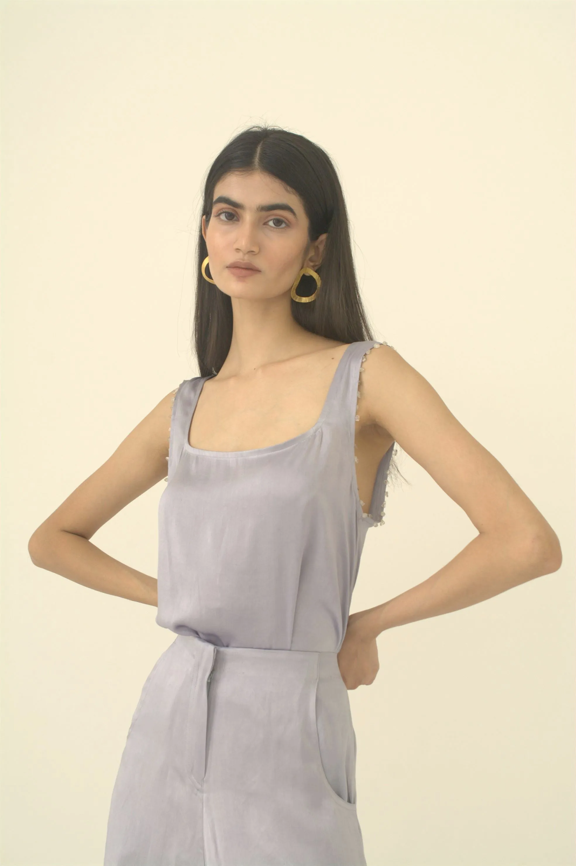 New Season Summer to Fall 2024-Top Lounge Silk Pigeon Blue-B/S/015-Suzanne-Fashion Edit Hemji
