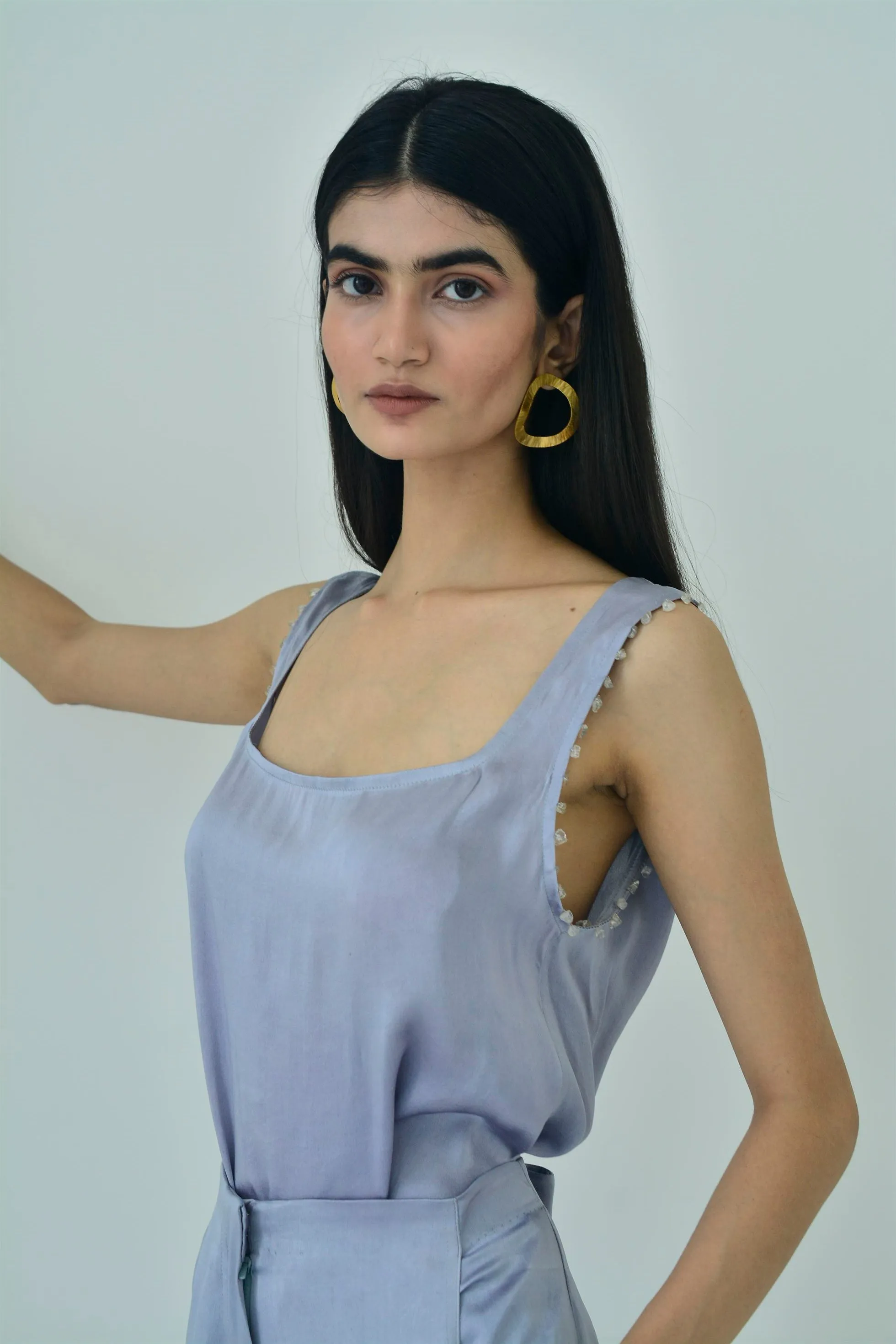 New Season Summer to Fall 2024-Top Lounge Silk Pigeon Blue-B/S/015-Suzanne-Fashion Edit Hemji