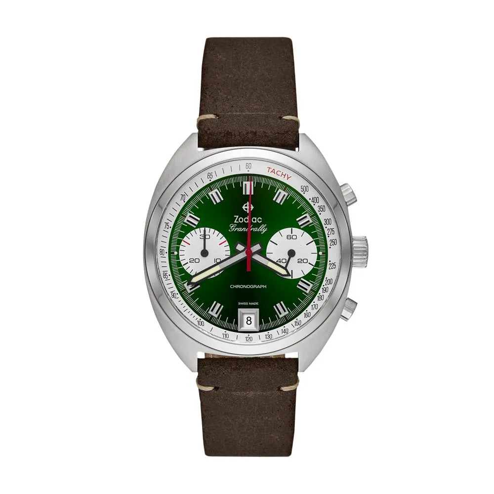New Zodiac Grandrally Chronograph Brown Leather Watch ZO9607 SWISS Green 41.50MM