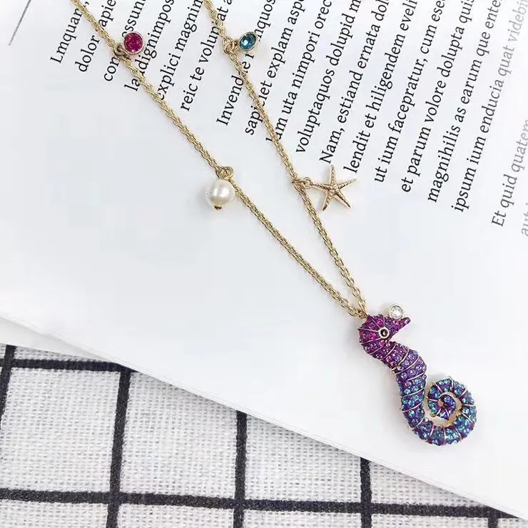 Ocean Seahorse Multi-Colored Gold Plating Pendant Necklace 