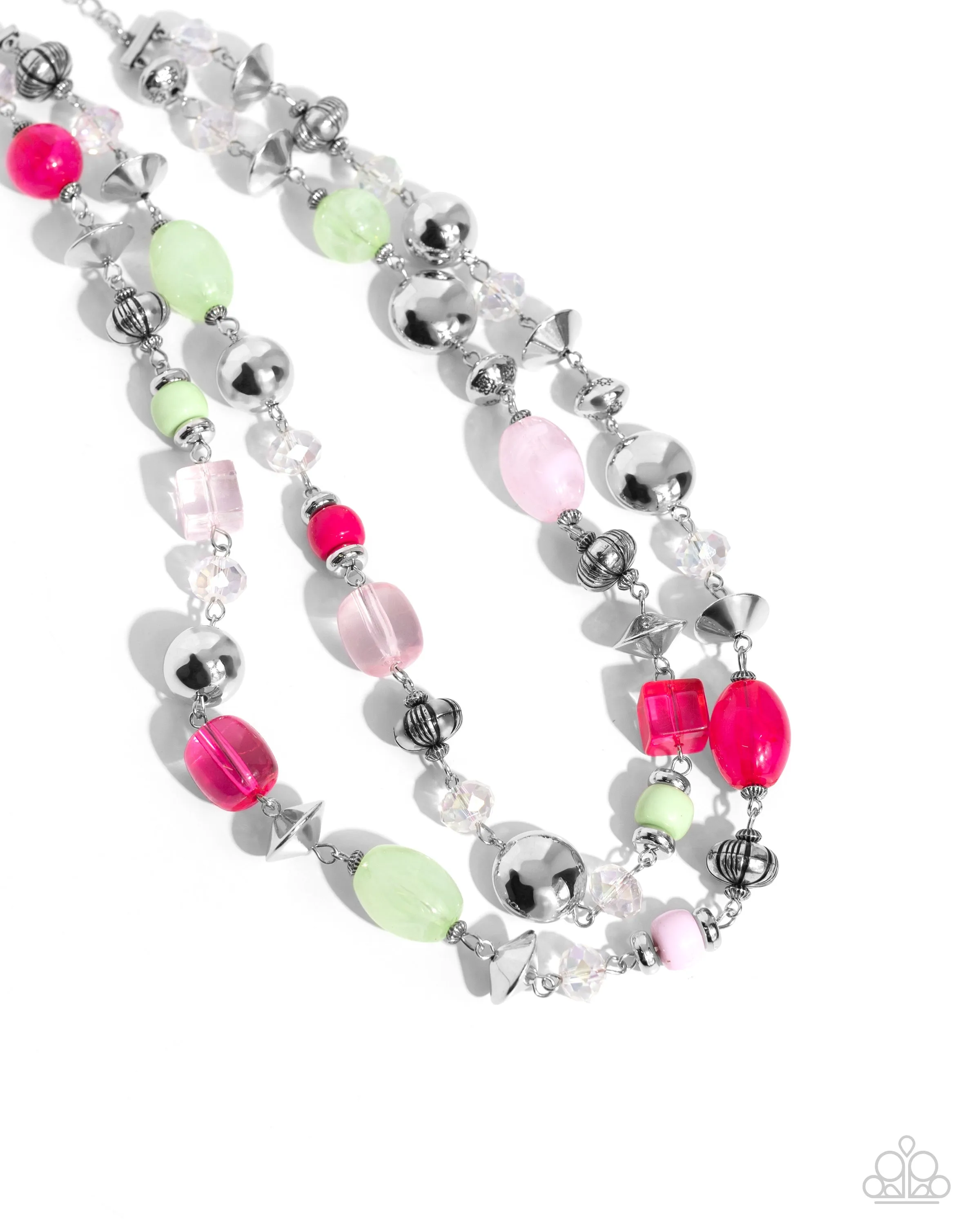 Playful Past - Pink - Green, and Silver Bead Tiered Paparazzi Short Necklace