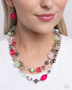 Playful Past - Pink - Green, and Silver Bead Tiered Paparazzi Short Necklace