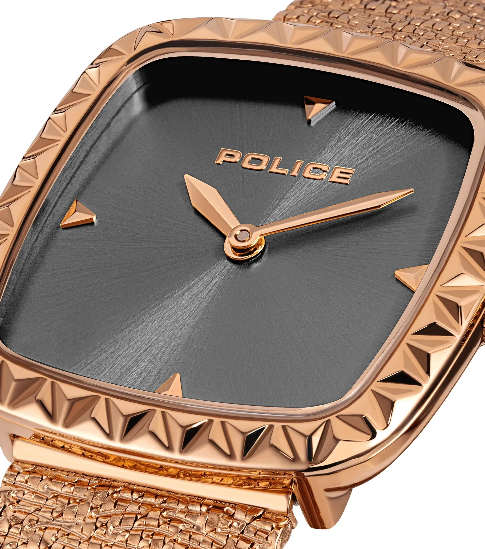 Police Glamour Square Ladies Grey Satin Dial Rose Gold tone Mesh Bracelet Watch