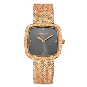 Police Glamour Square Ladies Grey Satin Dial Rose Gold tone Mesh Bracelet Watch