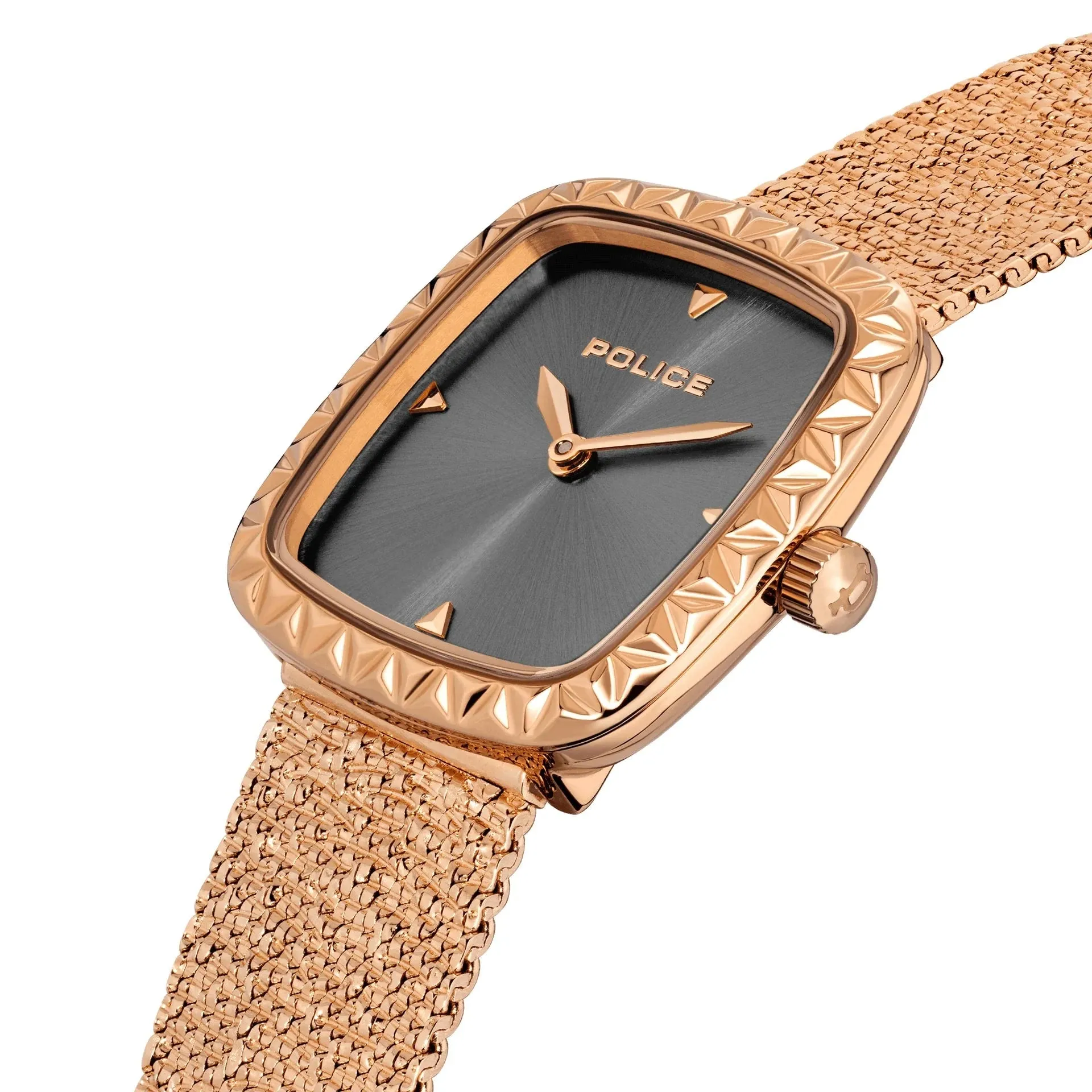 Police Glamour Square Ladies Grey Satin Dial Rose Gold tone Mesh Bracelet Watch