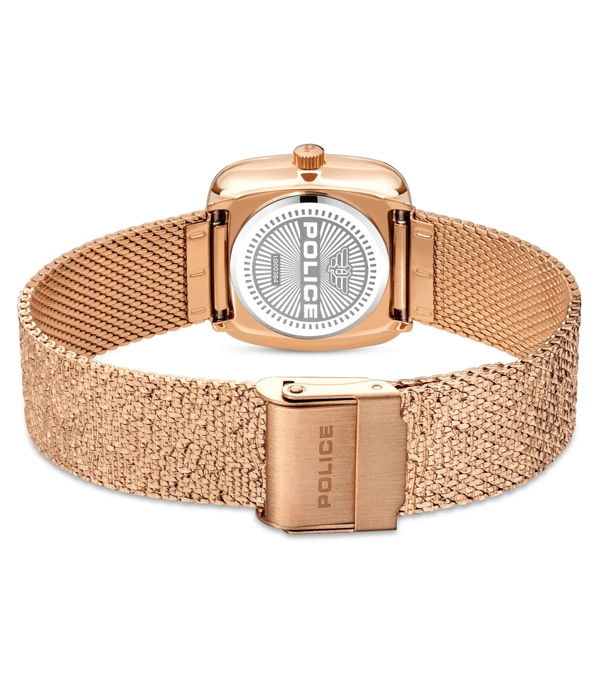 Police Glamour Square Ladies Grey Satin Dial Rose Gold tone Mesh Bracelet Watch