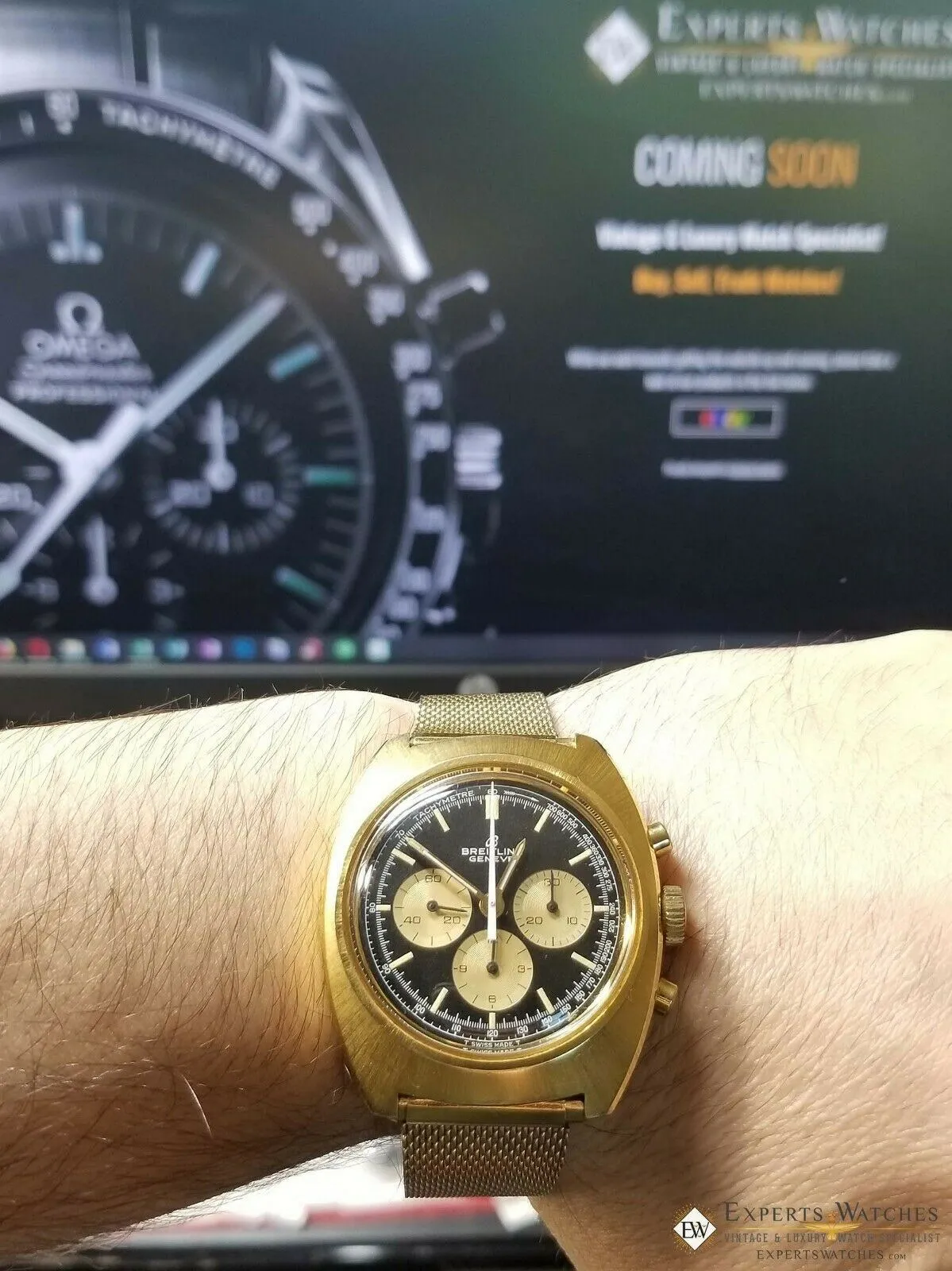 Rare Vintage Breitling 9657 Chronograph 1970's Lemania 1873 Gold Plat Panda Dial