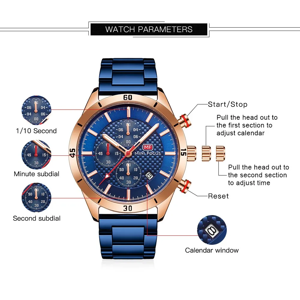 Relogio Masculino MINI FOCUS Men&#39;s Business Watch Top Brand Luxury Chronograph Waterproof Sports Stainless Steel Wristwatch