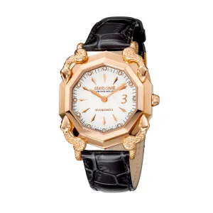 Roberto Cavalli Ladies Watch Black Glossy Leather Strap With Ip Rosegold Case & White Dial