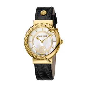 Roberto Cavalli Ladies Watch With Mother Of Pearl Dial & Black Leather Strap