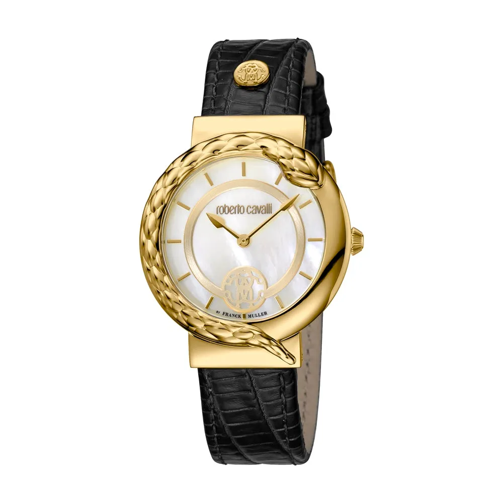 Roberto Cavalli Ladies Watch With Mother Of Pearl Dial & Black Leather Strap