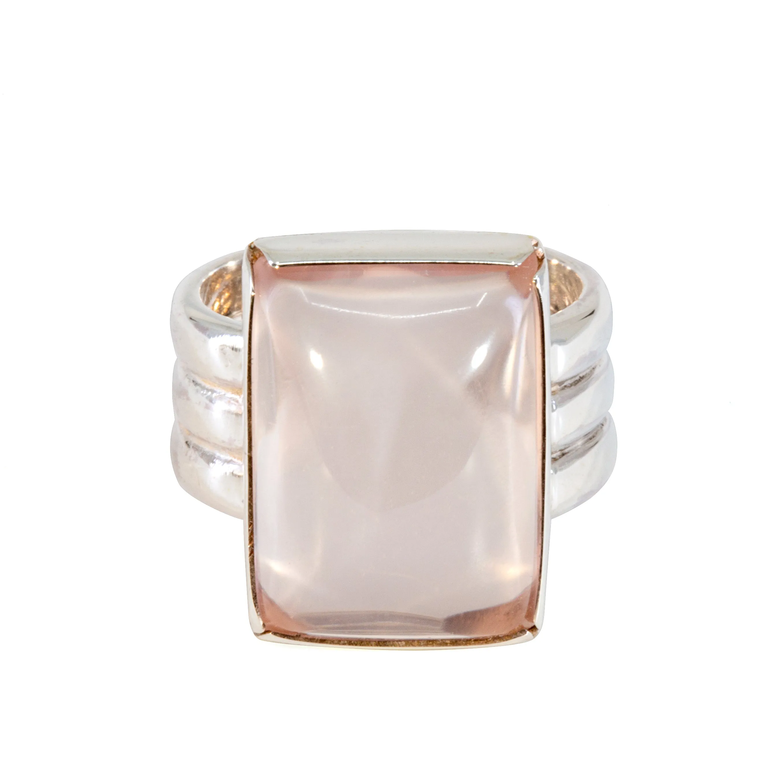 Rose Quartz Square Cabochon Handcrafted Sterling Silver Triple Band Ring