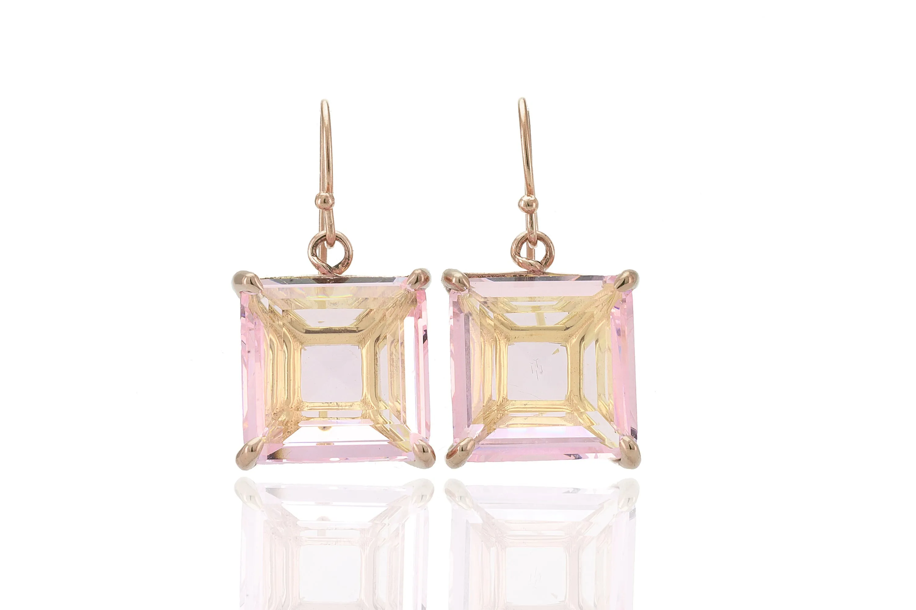 Rose Quartz Square Cut Dangle Gold Earrings